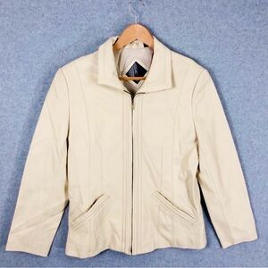 Women's Trendy Cream Genuine  Leather Zip Tailored Lined Jacket Size Large